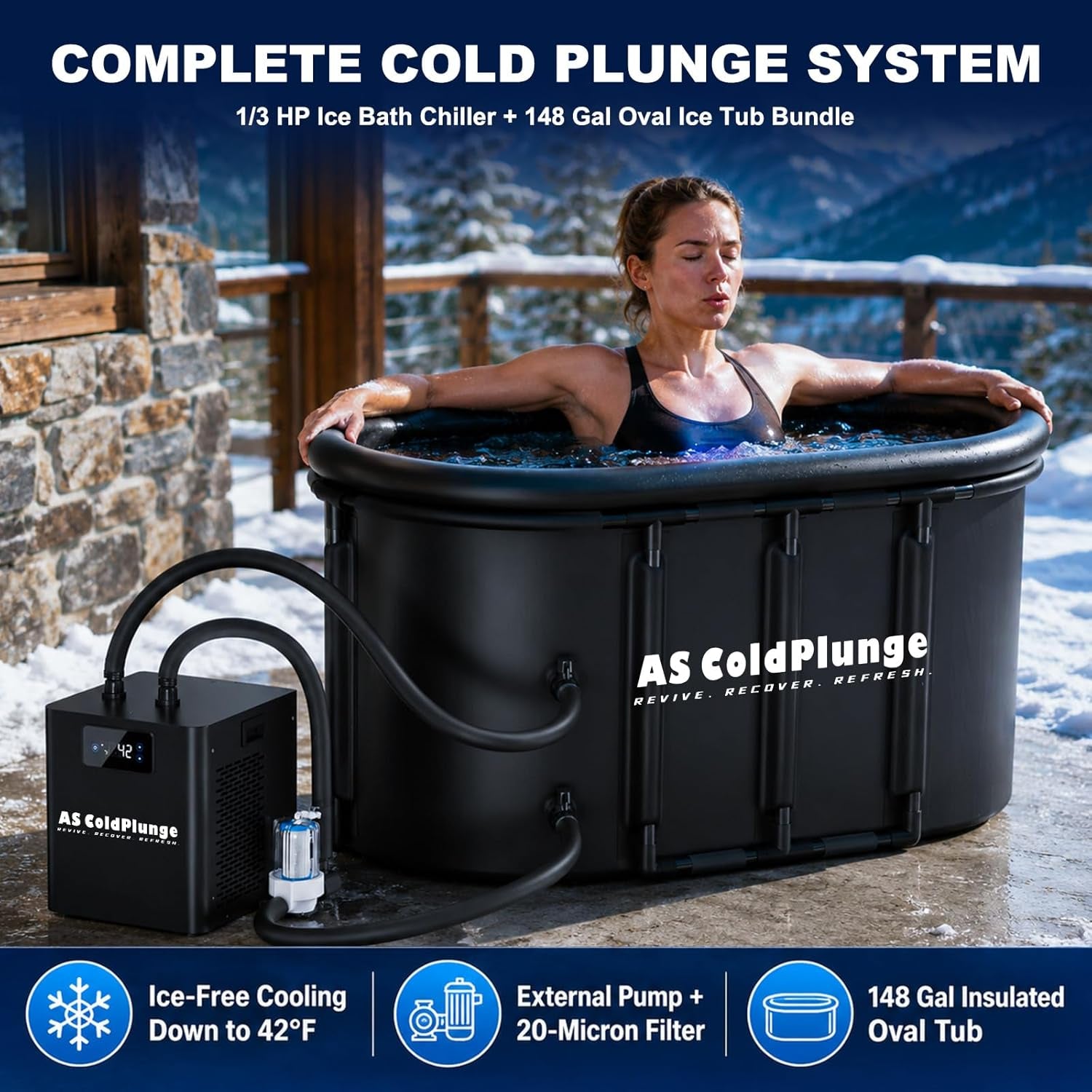 Ice Bath Chiller & Cold Plunge Tub Kit, 1/3HP Cold Plunge Chiller with External Pump & Filter, XXL 148Gal Upgraded Ice Pod, Cold Plunge Tub with Water Chiller for Cold Therapy Recovery