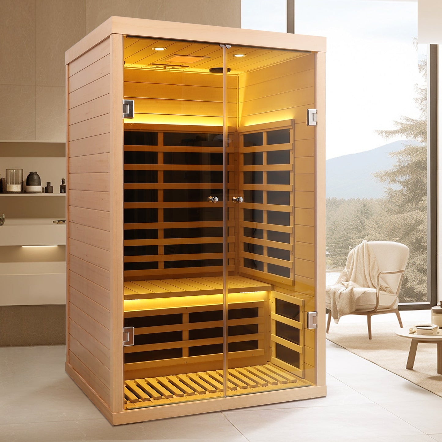 Indoor Far Infrared Sauna for Two with Hemlock Wood